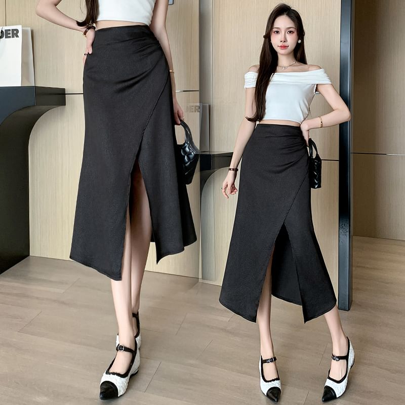 Ruched Slit Satin High-Rise Fishtail Midi Skirt