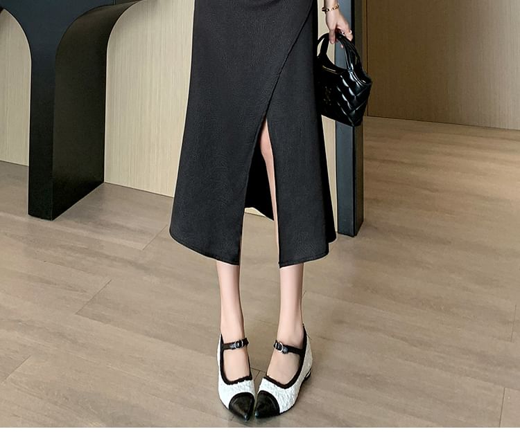 Ruched Slit Satin High-Rise Fishtail Midi Skirt