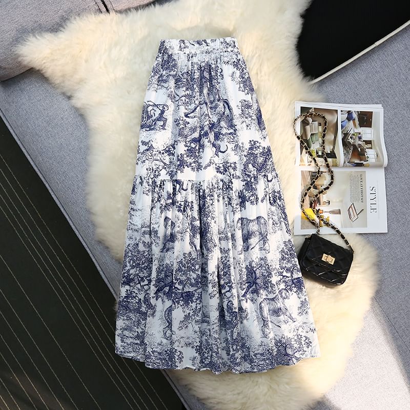 Printed High-Waisted Midi Flared Skirt