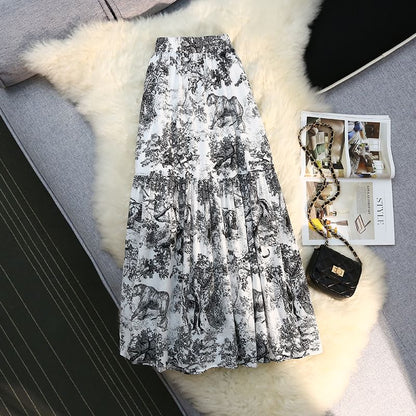 Printed High-Waisted Midi Flared Skirt