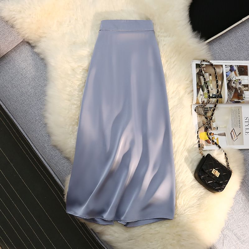 Satin High-Rise Midi A-Line Skirt in Solid Tone