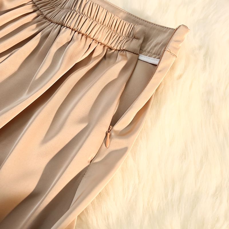 Satin High-Rise Midi A-Line Skirt in Solid Tone