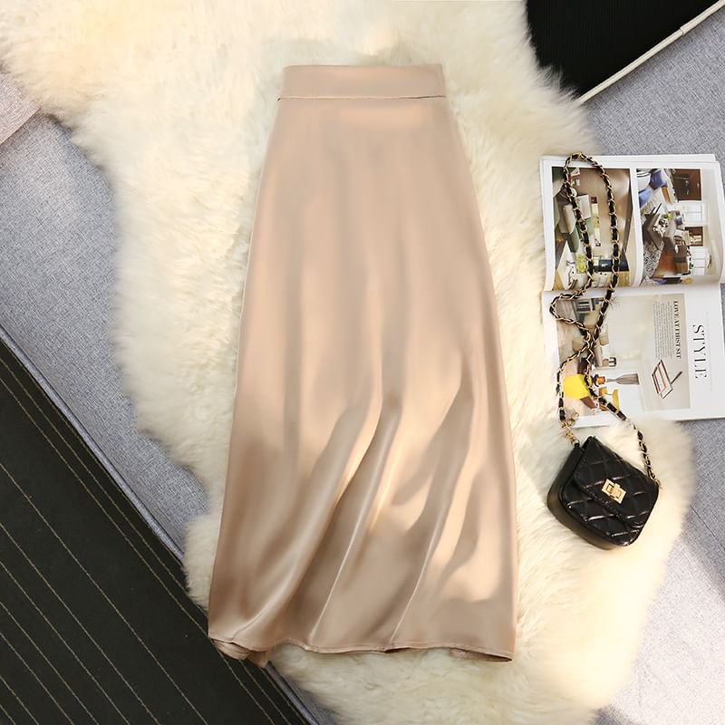 Satin High-Rise Midi A-Line Skirt in Solid Tone