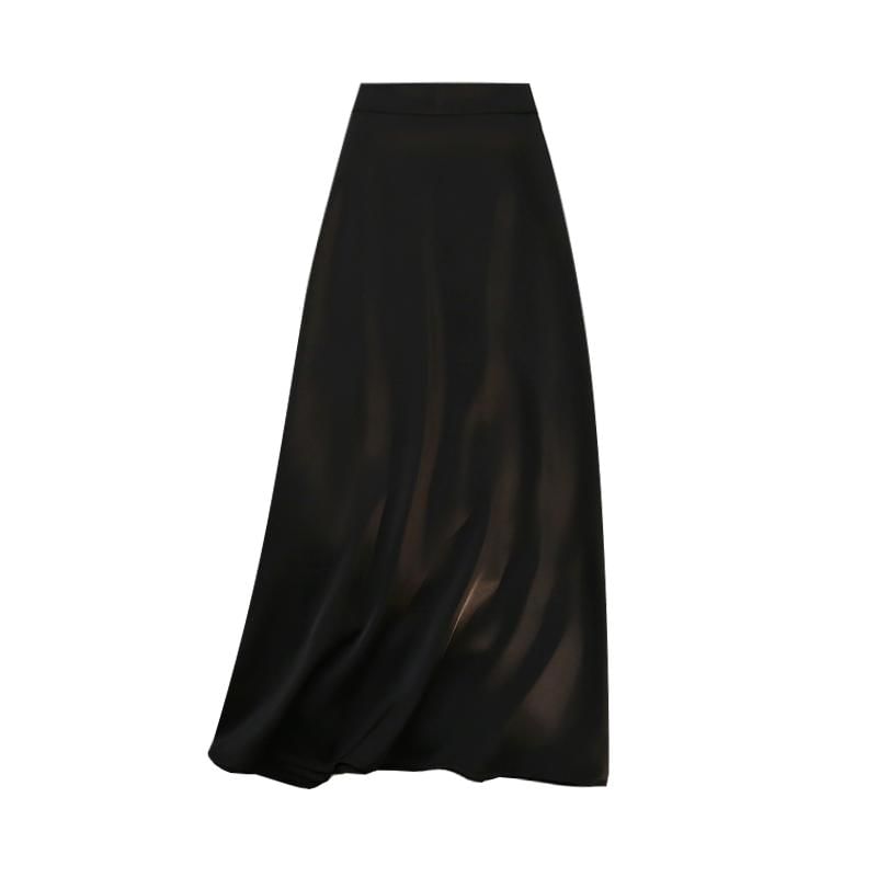 Satin High-Rise Midi A-Line Skirt in Solid Tone