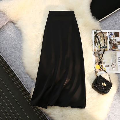 Satin High-Rise Midi A-Line Skirt in Solid Tone