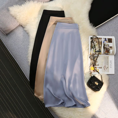 Satin High-Rise Midi A-Line Skirt in Solid Tone