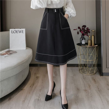 Contrast Stitched High-Waisted A-Line Skirt