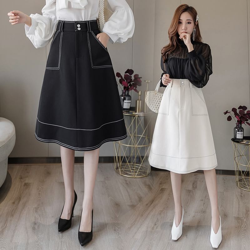 Contrast Stitched High-Waisted A-Line Skirt