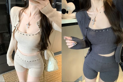 Set: Studded Ribbed Knit Crop Camisole Top + Cardigan + High Waist Shorts