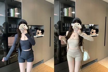 Set: Studded Ribbed Knit Crop Camisole Top + Cardigan + High Waist Shorts