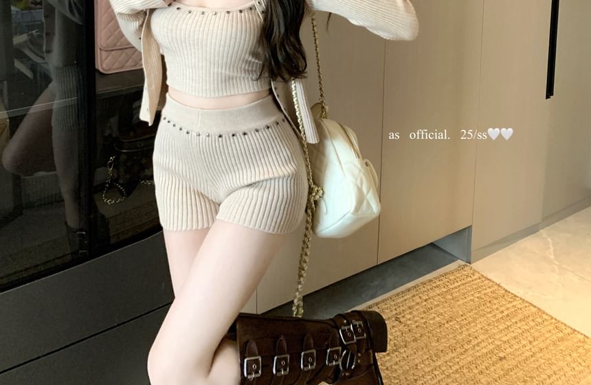 Set: Studded Ribbed Knit Crop Camisole Top + Cardigan + High Waist Shorts