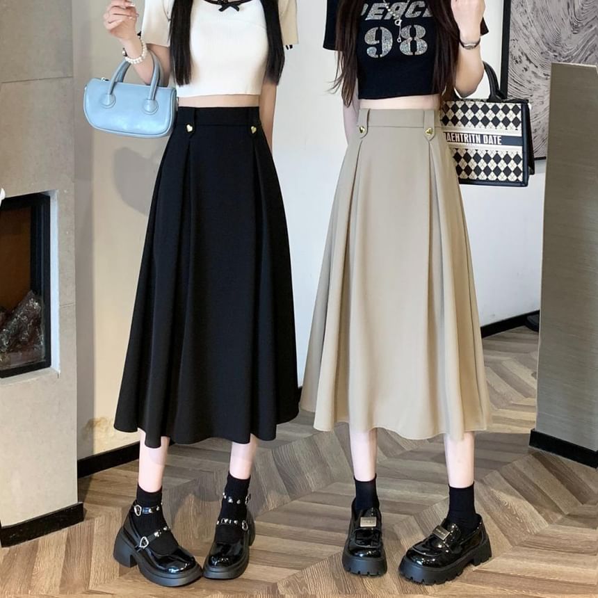 Pleated High-Rise Midi Flared Skirt in Solid Color
