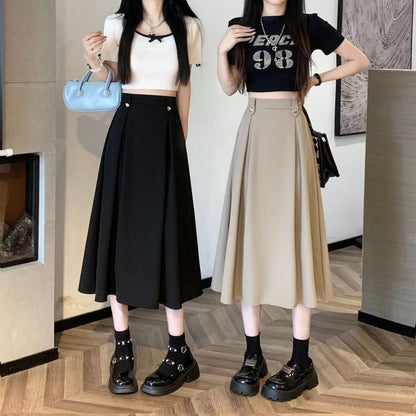 Pleated High-Rise Midi Flared Skirt in Solid Color