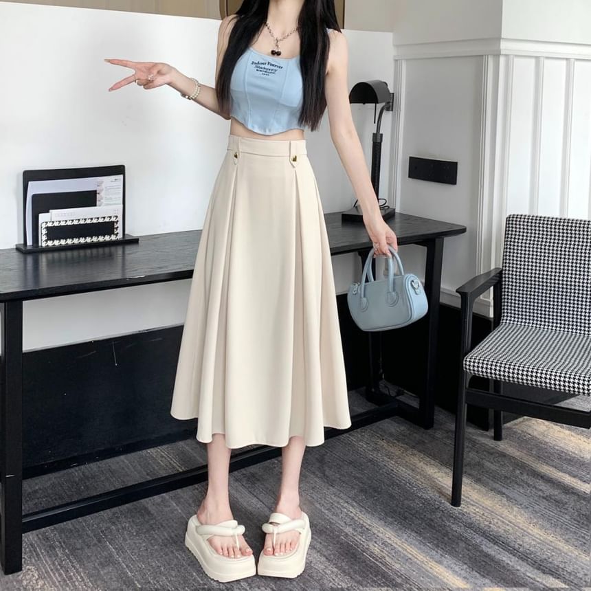 Pleated High-Rise Midi Flared Skirt in Solid Color