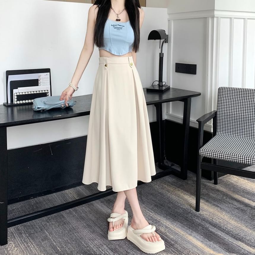 Pleated High-Rise Midi Flared Skirt in Solid Color