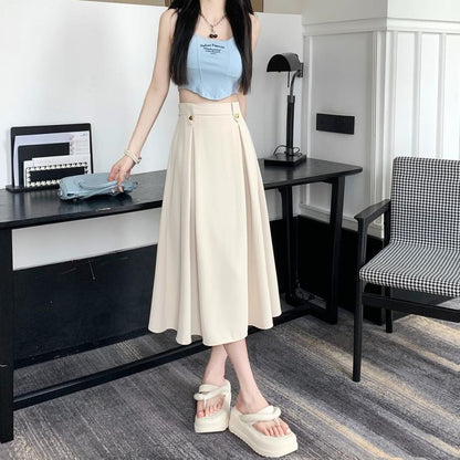 Pleated High-Rise Midi Flared Skirt in Solid Color