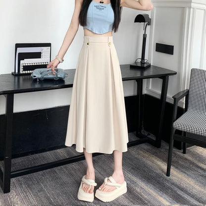 Pleated High-Rise Midi Flared Skirt in Solid Color