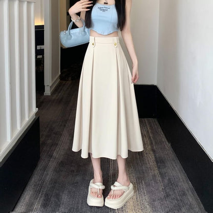 Pleated High-Rise Midi Flared Skirt in Solid Color