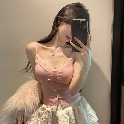 Lace Trim Crop Camisole with High Waist Mini Skirt Set