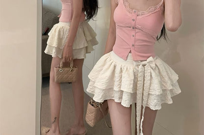 Lace Trim Crop Camisole with High Waist Mini Skirt Set