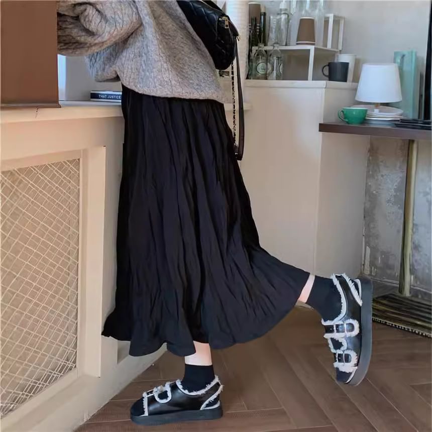 Shirred A-Line Skirt with High Rise and Solid Design