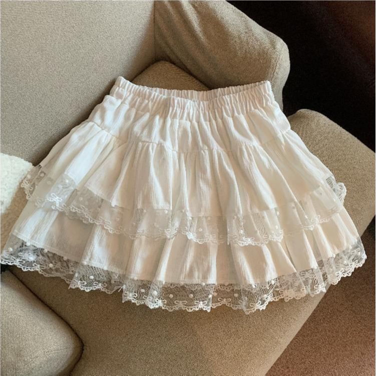 Elegant Lace Panel A-Line Skirt with Ruffle and Elastic Waist