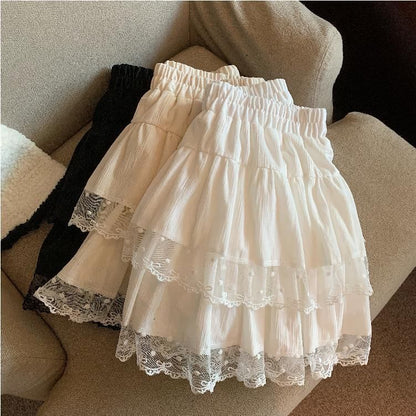 Elegant Lace Panel A-Line Skirt with Ruffle and Elastic Waist