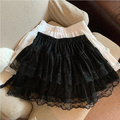 Elegant Lace Panel A-Line Skirt with Ruffle and Elastic Waist