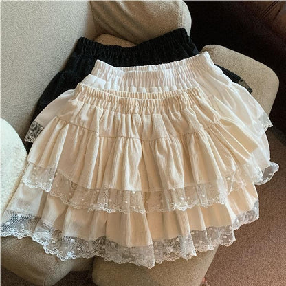 Elegant Lace Panel A-Line Skirt with Ruffle and Elastic Waist