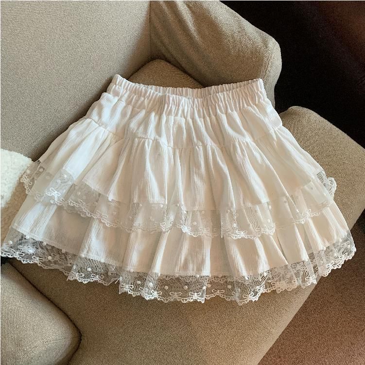 Elegant Lace Panel A-Line Skirt with Ruffle and Elastic Waist