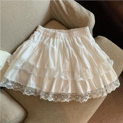 Elegant Lace Panel A-Line Skirt with Ruffle and Elastic Waist
