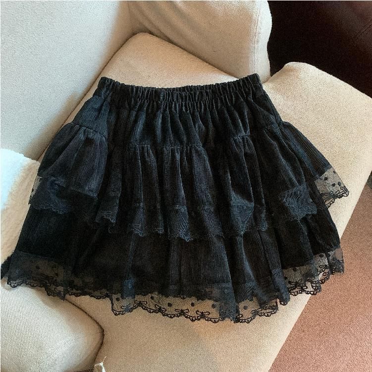 Elegant Lace Panel A-Line Skirt with Ruffle and Elastic Waist