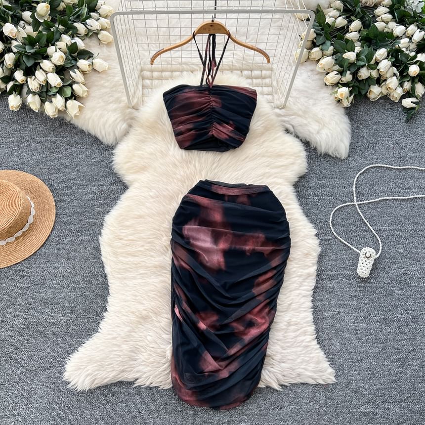 Trendy Halter Neck Crop Top with Ruched Mesh and Midi Pencil Skirt Set