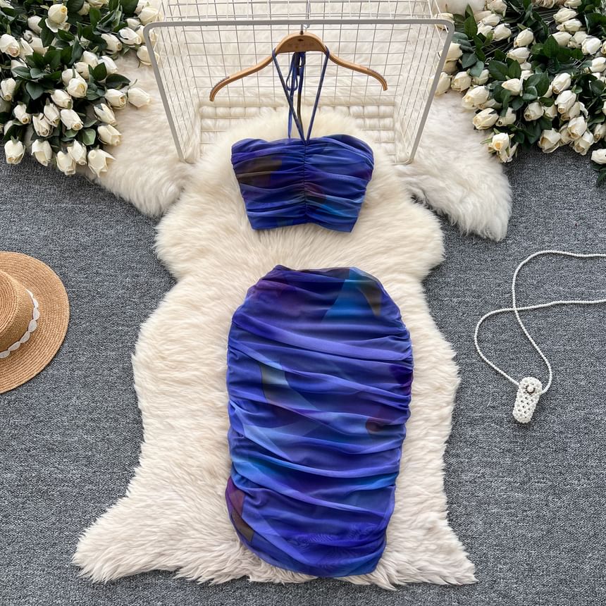 Trendy Halter Neck Crop Top with Ruched Mesh and Midi Pencil Skirt Set