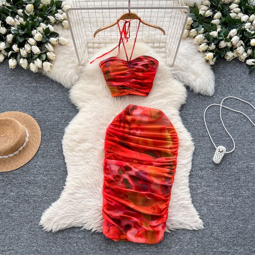 Trendy Halter Neck Crop Top with Ruched Mesh and Midi Pencil Skirt Set
