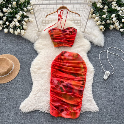 Trendy Halter Neck Crop Top with Ruched Mesh and Midi Pencil Skirt Set