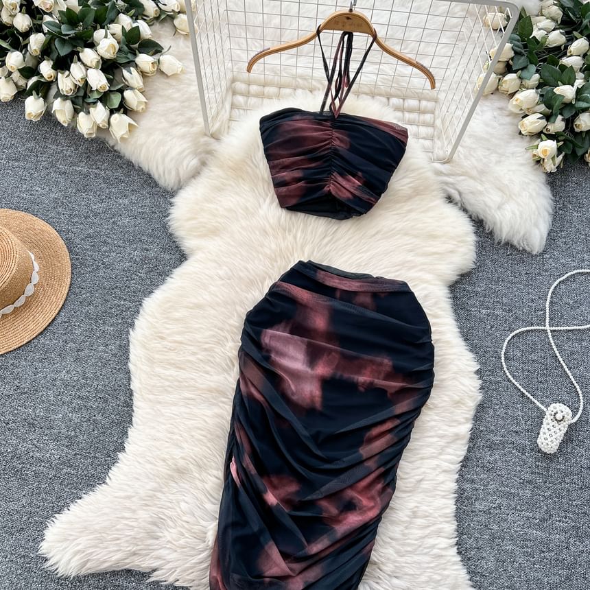 Trendy Halter Neck Crop Top with Ruched Mesh and Midi Pencil Skirt Set