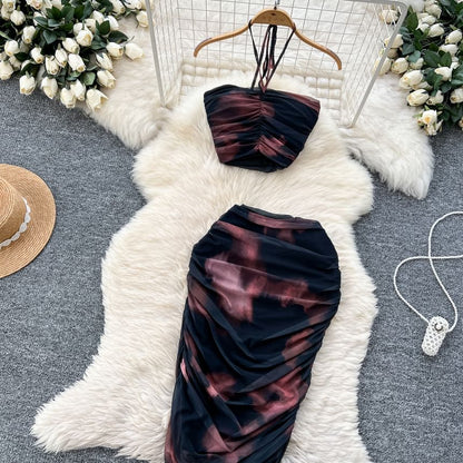 Trendy Halter Neck Crop Top with Ruched Mesh and Midi Pencil Skirt Set