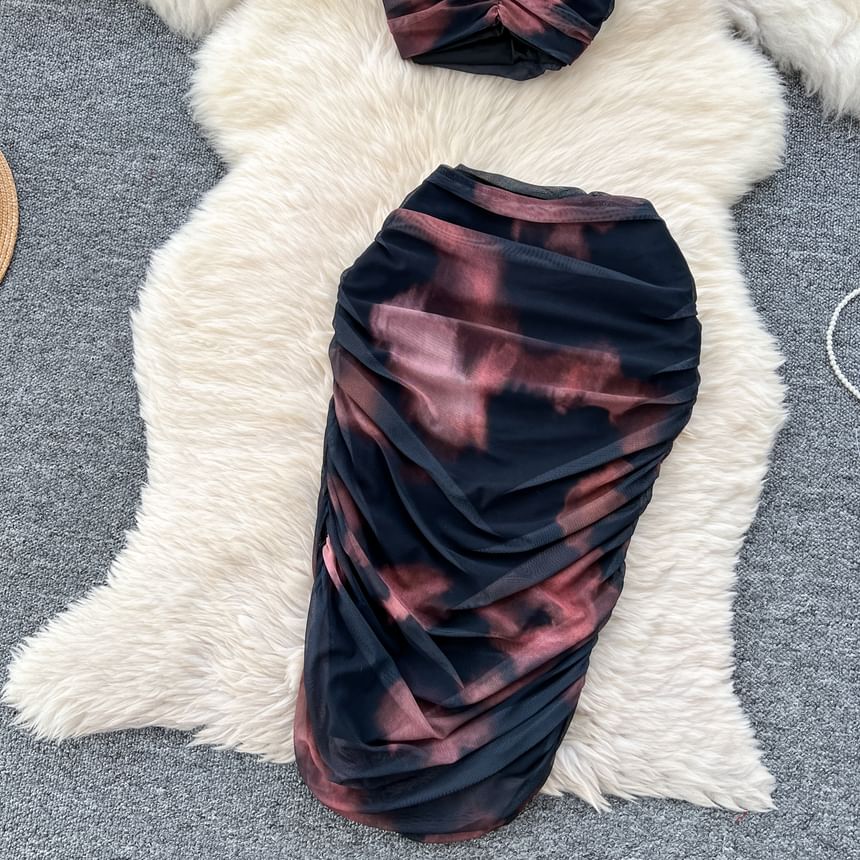 Trendy Halter Neck Crop Top with Ruched Mesh and Midi Pencil Skirt Set