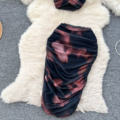 Trendy Halter Neck Crop Top with Ruched Mesh and Midi Pencil Skirt Set