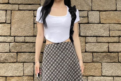 Vintage Plaid Midi A-Line Skirt with Low Rise Fit