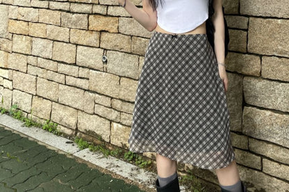 Vintage Plaid Midi A-Line Skirt with Low Rise Fit