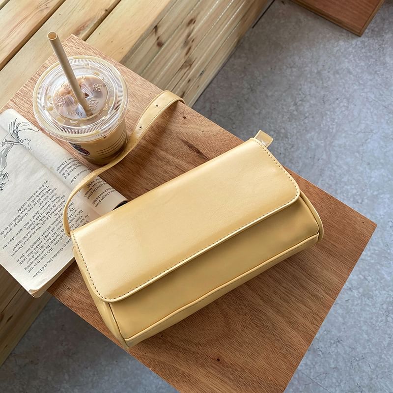 Faux Leather Plain Flap Crossbody Bag