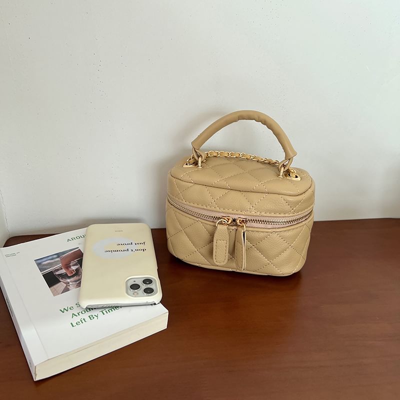 Faux Leather Plain Quilted Zip Crossbody Bag