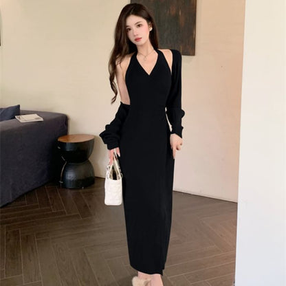 Set: Halter V Neck Plain Bodycon Maxi Dress + Bolero Cardigan