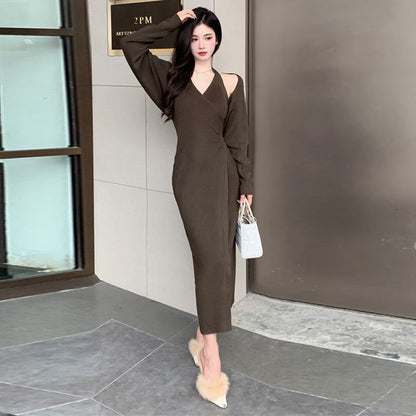 Set: Halter V Neck Plain Bodycon Maxi Dress + Bolero Cardigan