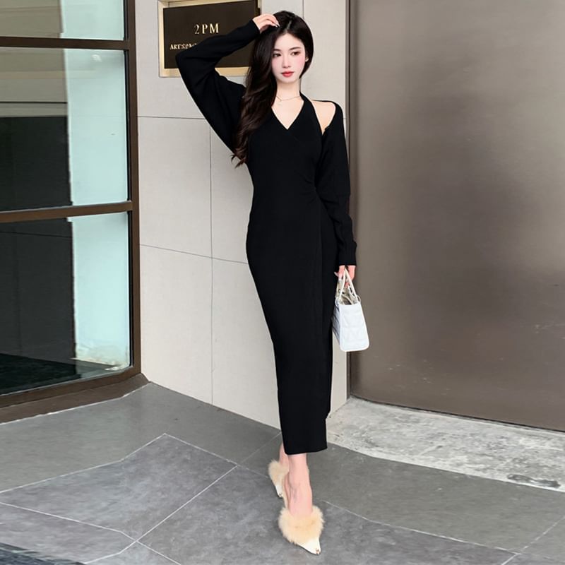 Set: Halter V Neck Plain Bodycon Maxi Dress + Bolero Cardigan