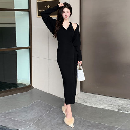 Set: Halter V Neck Plain Bodycon Maxi Dress + Bolero Cardigan