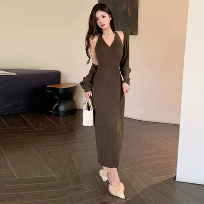 Set: Halter V Neck Plain Bodycon Maxi Dress + Bolero Cardigan