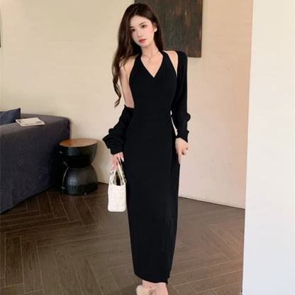 Set: Halter V Neck Plain Bodycon Maxi Dress + Bolero Cardigan